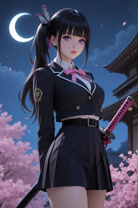 masterpiece, best quality, amazing quality, hyper-detailed, newest, very aesthetic, 1girl, aakanao, long hair, black hair, side ponytail, hair ornament, blunt bangs, purple eyes, medium breasts,Wearing school uniforms, (Pink japanese sword), scabbard, stan...