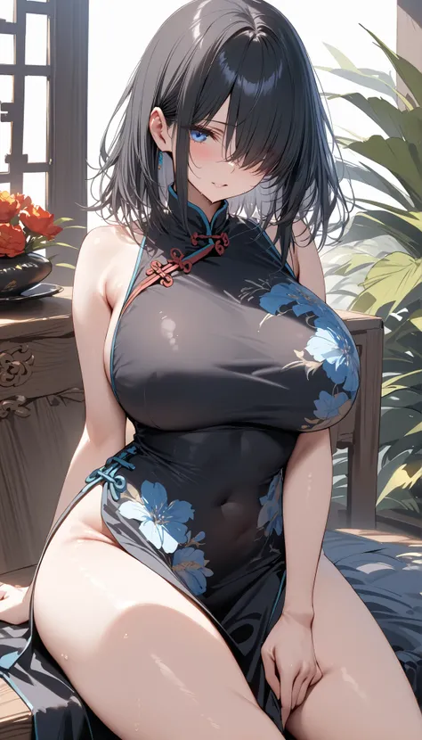 (masterpiece, Highest quality:1.2), (1girl), alone, (medium hair), straight hair,(black hair),hair over face, hair over one eye, hair over right eye, (clear blue eyes), detailed eyes, high detail, bloom, (big breast), (china clothes), one bare leg, side sl...