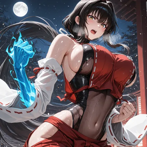 handfixer,memepunch, raised fist drawn back, pepe punch, looking at viewer, pepe punch meme,Blue flame cover fist,Blue Flame Fist,handfixer,Japanese background,SOLO,A mature Female,sendai hakurei no miko,red hakama(Broken), solo,Silk leotard under clothes(...