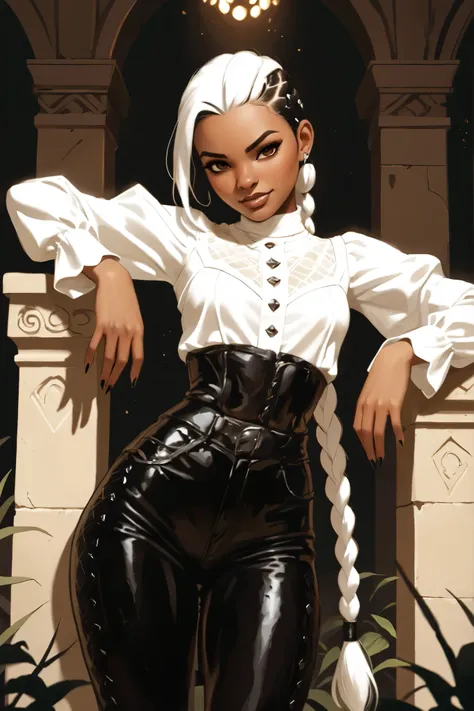 Drawn like the artist Bob Kehl. Phaedra from Fortnite with white and dark hair, slanted eyes, dark skin, with sharp teeth, athletic body and abs. Slender and athletic. Cute, round and young face. Small and cute nose. White highlights in her hair. She wears...