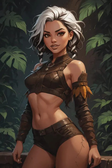 Drawn like the artist Bob Kehl. Phaedra from Fortnite with white and dark hair, slanted eyes, dark skin, with sharp teeth, athletic body and abs. Slender and athletic. Cute, round and young face. Small and cute nose. White highlights in her hair. She wears...