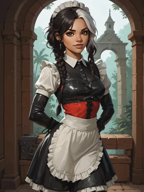 Drawn like the artist Bob Kehl. Phaedra from Fortnite with white and dark hair, slanted eyes, dark skin, with sharp teeth, athletic body and abs. Slender and athletic. Cute, round and young face. Small and cute nose. White highlights in her hair. She wears...