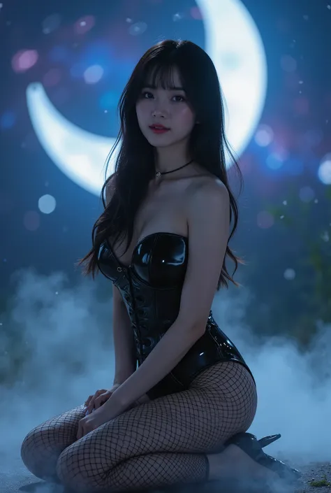 Best quality, ultra high resolution, masterpiece, photorealistic, vertical composition, a breathtaking young woman with delicate Korean-Chinese inspired beauty, luminous pale white skin that glows softly under the moonlight. Her long, silky straight black ...