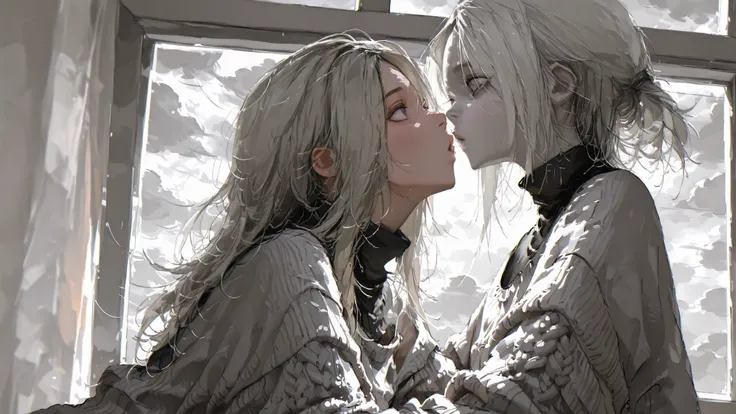 A masterpiece, high resolution, photorealism, fragile silhouettes in front of the window, mutual support in the eyes, pale thin fingers are intertwined, long hair is blowing in the light breeze, sunken cheeks, Pronounced clavicles , baggy sweaters, gray c...