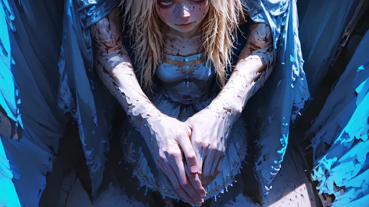 ultra-detail, Top quality, photorealistic, two emaciated full-length silhouettes, gently holding hands, pale blue eyes full of sadness, long blond hair touching the shoulders, pointed facial features, dark circles under the eyes, voluminous clothing hides ...