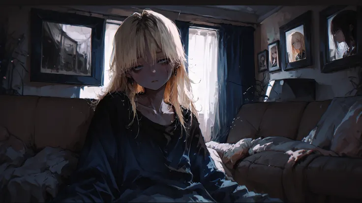 impeccable quality, high resolution, photo, young couple in a moment of quiet intimacy, exhausted faces with bruises under the eyes, long blond hair framing their sunken cheeks, piercing blue eyes, skinny arms intertwined, baggy dark clothes, muted tones, ...