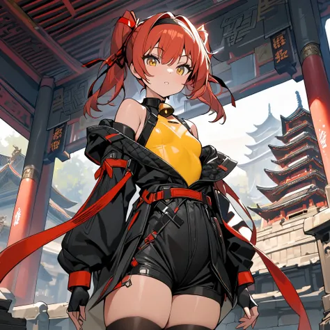 Masterpiece, High quality, Best quality, Live2D, Clear face, modern design, solo woman, Female, Short hair, Twin tail hairstyle, Orange hair, red hair ribbon, Bright Yellow eyes, small breasts, neck bell, hairband, detached sleeves, black thighhighs, Yello...