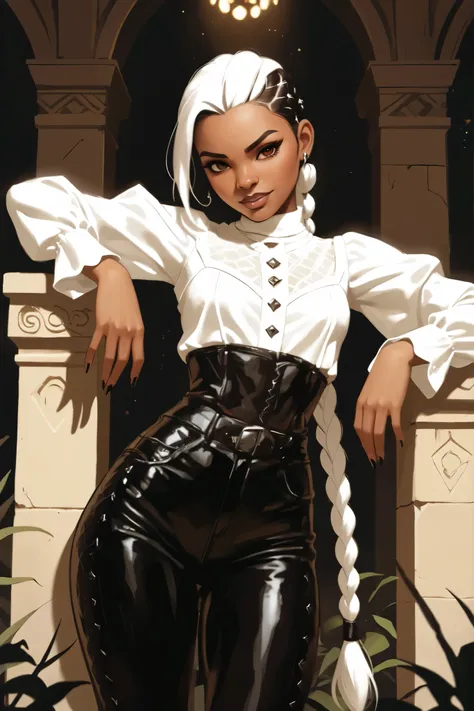 Drawn like the artist Bob Kehl. Phaedra from Fortnite with white and dark hair, slanted eyes, dark skin, with sharp teeth, athletic body and abs. Slender and athletic. Cute, round and young face. Small and cute nose. White highlights in her hair. She wears...