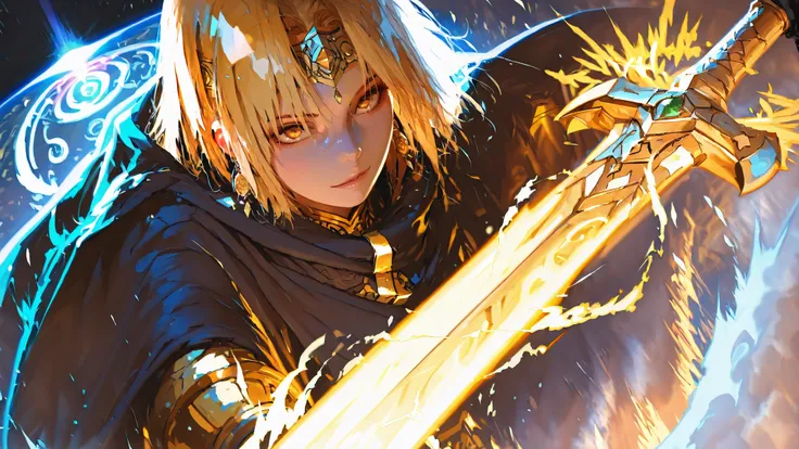 A masterpiece, high resolution, photorealism, the hero in a fluttering cloak holds a shining sacred sword, directed to the sky, the golden mechanisms of fate swirl around the blade, the ancient columns of the temple are shrouded in a magical fog, time port...