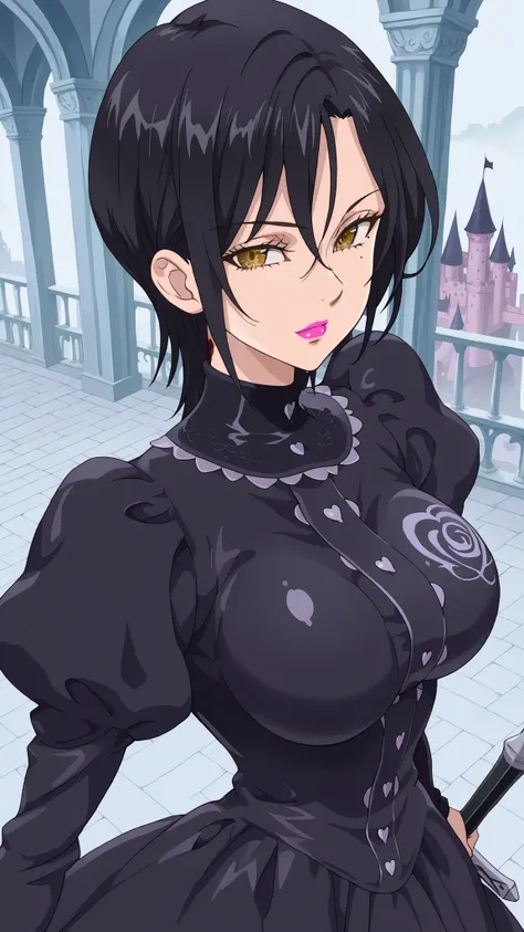 alone, 1 girl, Source Anime, Merlin, Short hair, completely black hair, Golden eyes, Mole under the right eye , Apply pink lips, to large breasts, wearing sexy goth Lolita dress, Hold a sword of potential, Castle terrace background, Maximum angle