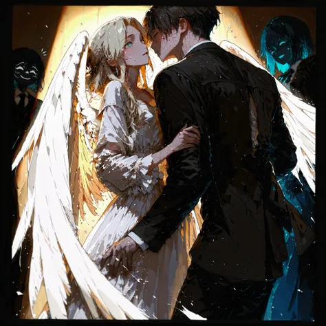 impeccable quality, high resolution, photo, couple in a dizzying dance step, she gracefully bends in his arms, The white dress flutters like wings, his formal suit emphasizes the silhouette of the, perfect position of arms and legs, expressive faces, Every...