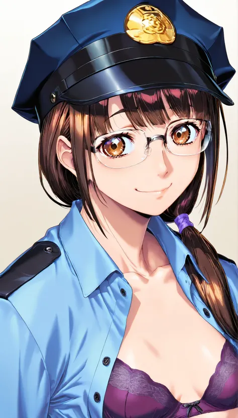 (Yokota Mamoru style),Charming Smile,(portrait :1.4),Highest Quality,masterpiece,Very Small Breasts,brown eyes,dark brown hair,police hat,collared shirt,open shirt, Purple Bra, Disconnect,purple panties,with timid KOIK,1girl,,align bangs,Low Ponytail,Matur...