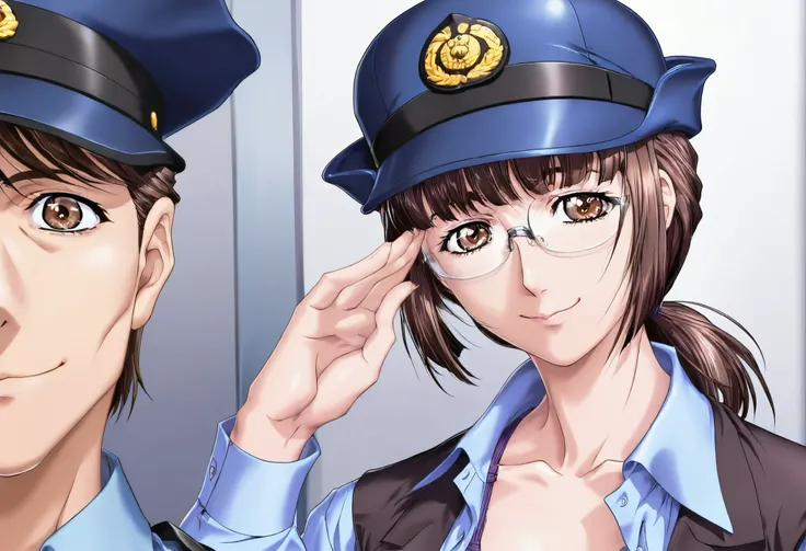 (Yokota Mamoru style),Charming Smile,(portrait :1.4),Highest Quality,masterpiece,Very Small Breasts,brown eyes,dark brown hair,police hat,collared shirt,open shirt, Purple Bra, Disconnect,purple panties,with timid KOIK,1girl,,align bangs,Low Ponytail,Matur...