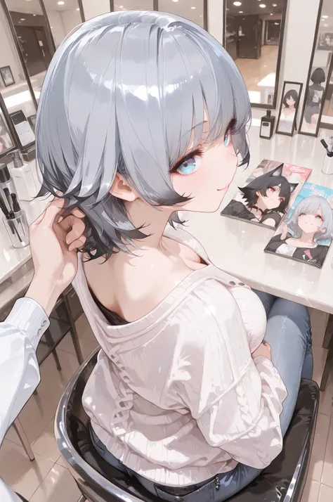 masterpiece,  Highest Quality,  intricate details, high resolution, Accurate Fingers, solo, girl, 
short hair, wolf cut hair, flipped out ends hair, Dark silver hair,   
Light Blue Eyes, large breast, 

beauty salon, Sit on a chair, Hair Salon, mirror, mag...