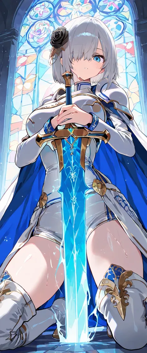 (Beautiful Girl : 1.3),1 girl,(White Armor,Blue Embroidered White Cloak,Black Rose Hair Ornaments,white hot pants with sleeves on both arms,thigh,boots), Silver Hair,bob cut,Hair Over One Eye,No expression,White and Blue Aura from the Great Sword,sweat,Kneeling,A large sword stuck in a pedestal,Great Sword Sealed in Chains,Association,stained glass,Particles of Light,Dynamic Angles,masterpiece,Highest Quality,rich contrast,high image quality,8k,High Definition CG Unit Wallpaper,texture,unbelievably absurd,RAW pictures,Deep Border 1 .2,very detailed