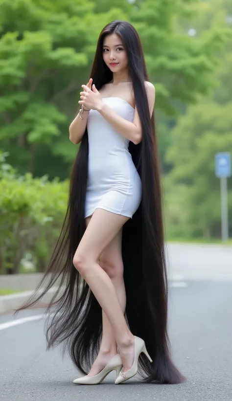 Actor Asuka Saito is cute and young with dimples.she is standing .She wears a very tight sleeveless and strapless white dress , fitted tight denim mini skirt and white high heel. She has the longest black hair .She has the longest light black hair up to 8 ...