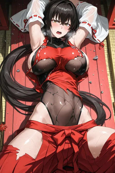 handfixer,Japanese background,SOLO,A mature Female,sendai hakurei no miko,red hakama(Broken), solo,Silk leotard under clothes(Broken), black silk leotard(See-through), japanese clothes(Broken),(((Clothes shattered))),(Clothes Burst)(Pops),(Broken Clothes),...