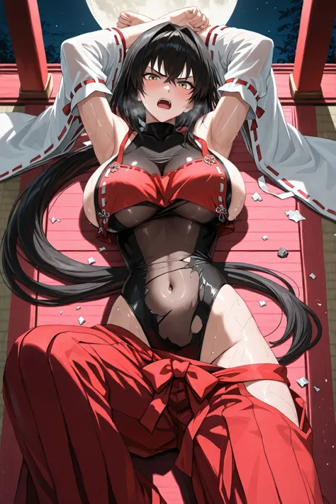 handfixer,Japanese background,SOLO,A mature Female,sendai hakurei no miko,red hakama(Broken), solo,Silk leotard under clothes(Broken), black silk leotard(See-through), japanese clothes(Broken),(((Clothes shattered))),(Clothes Burst)(Pops),(Broken Clothes),...