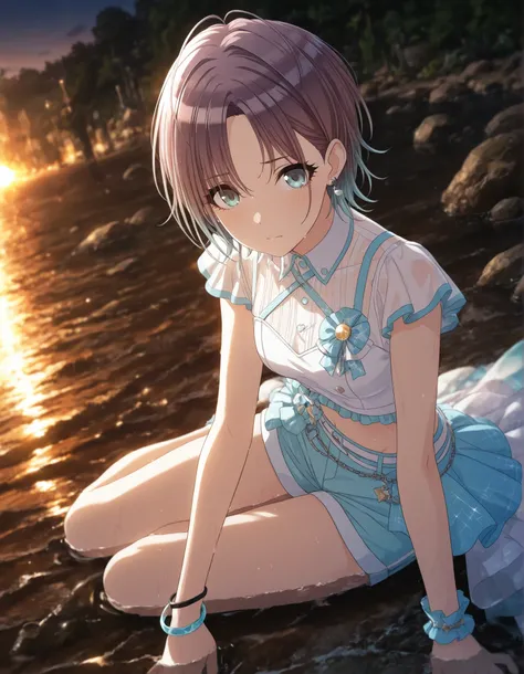 masterpiece,best quality, good quality, dark ,outdoors, ruin, ((cinematic light)) shanimas, source_anime,asakura toru, short hair, brown hair, blue hair, blue eyes, ,from above, 1girl, solo, looking at viewer, ahoge, bracelet, earrings, (white shirt, lig...