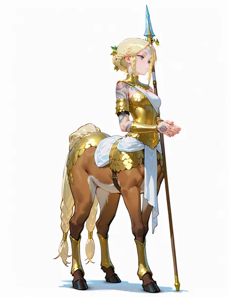 (((masterpiece))), (((Best Quality))), ((Ultra-detailed)), (anime Illustration), ((extremely delicate and beautiful)), solo, Full body, Fantasy race, female monsters, centaur lancer girl, pale gold short-braided hairstyles, spellbound body tattoos, brown f...