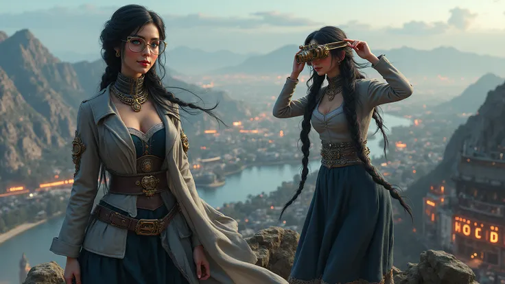 (HD, High definision), 
(3D, 3 Dimensional character),
(Victorian Steampunk Art),
A Beautiful 21 year old skinny woman,
Beautiful Big light blue eyes with long eyelashes,
Extremely long black hair, braided,
smooth flawless skin,
beautiful cute smile,
Weari...