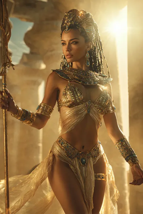 Mesmerizing Egyptian Goddess, breathtaking divine beauty with sun-kissed skin, statuesque athletic physique, sheer golden fabric strategically draped over perfect curves, ornate Egyptian headdress with cobra motif and precious gems, kohl-lined piercing eye...