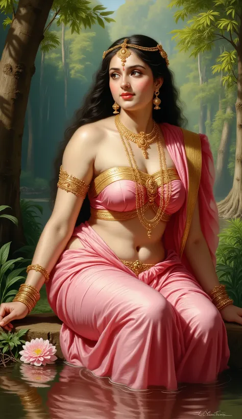 Full hd elegant picture of a hindu mythology Apsara wearing pink wet saree and half sleeves blouse sitting in very beautiful forest at the bank of river