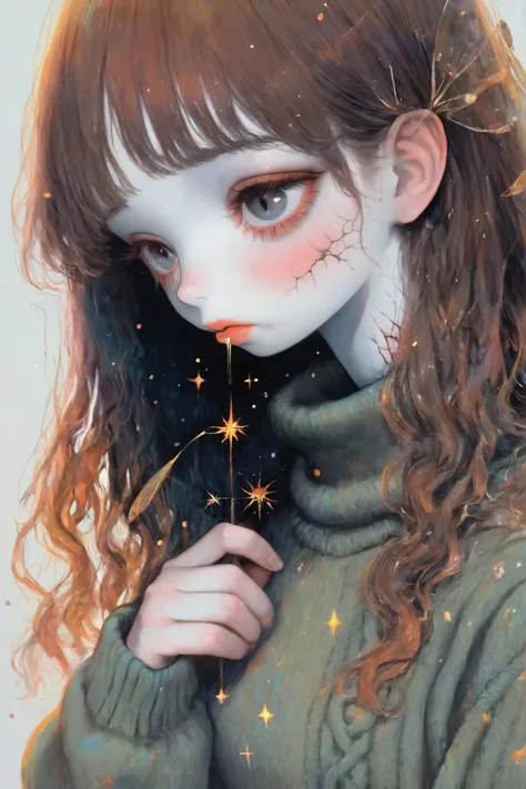 Girl, long wavy and falling brown hair, dark gray eyes, sharp features, white skin, lip gloss, beautiful, perfect, wearing an olive sweater, delicate art, bright colors, . High quality resolution .