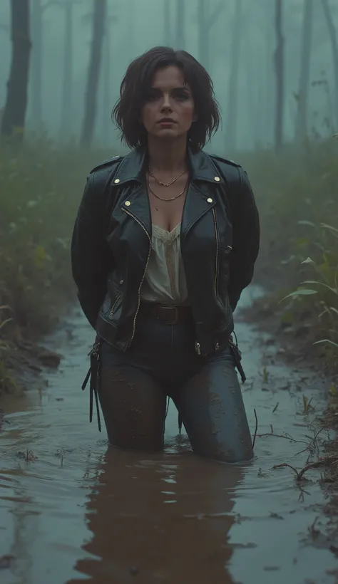 70s setting, close-up, woman, dirty jeans, leather jacket and blouse, drowning kneeling in a thick mud, jeans legs wide spreading, indulges her fetish, photorealistic, 8K, hyper-detailed, high quality, dramatic, moody, cinematic, realistic, woman mid-aged,...