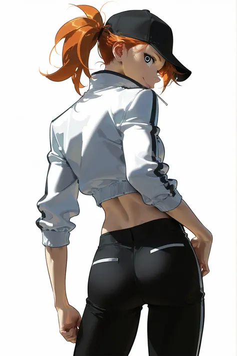 Beautiful, athletic body, toned body, alone, female, long orange hair in ponytail, black cap, blue  black eye, white sport jacket With the sleeves rolled up , zipped jacket, black pants , intricate sketch, expressive eyes, nose and mouth, look at viewer, l...