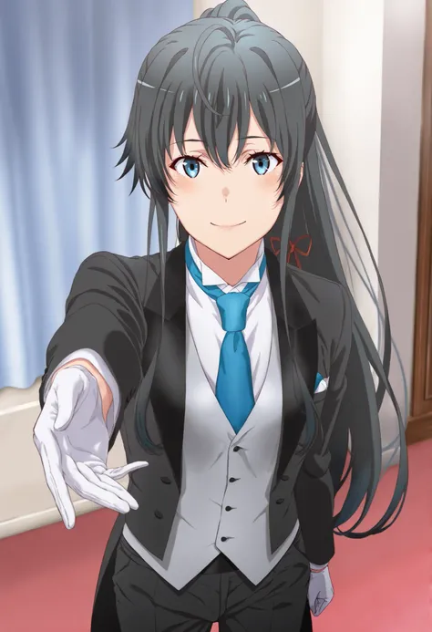1girl, solo, yukinoshita yukino, blue eyes, black hair, long hair, ponytail, tuxedo tailcoat, butler, blue necktie, black pants, gloves , standing, reaching at viewer, smile, close mouth, elegant pose , handsome girl ,1girl, solo, yukinoshita yukino, blue ...