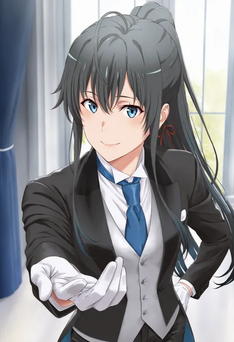 1girl, solo, yukinoshita yukino, blue eyes, black hair, long hair, ponytail, tuxedo tailcoat, butler, blue necktie, black pants, gloves , standing, reaching at viewer, smile, close mouth, elegant pose , handsome girl ,1girl, solo, yukinoshita yukino, blue ...