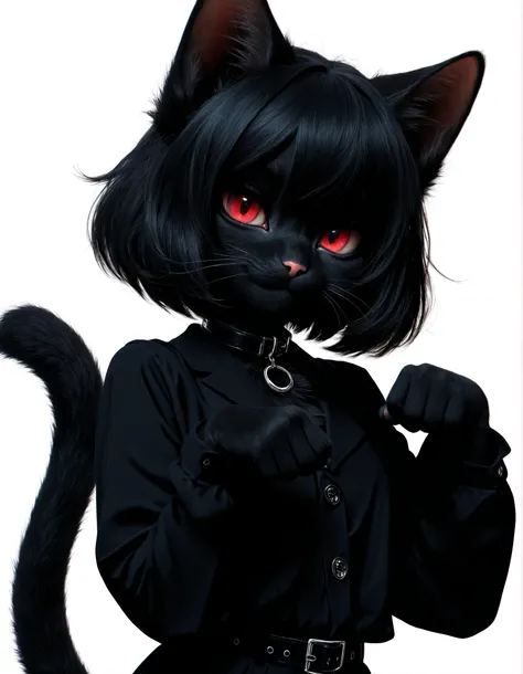 ,, masterpiece, best quality, very aesthetic, 1girl, solo, white background, looking at viewer, portrait, paw pose, :3, furry female, cat girl, animal ears, black hair, short hair, black skin, red eyes, cat tail, black jacket, buttons, long sleeves, black ...