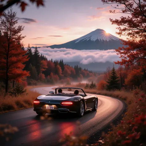driving for fall foliage hunting on a date、couple happily riding in the highest-grade convertible car、The highest-grade luxury car、Bright red leaves can be seen on the scenic mountain々Bright red leaves can be seen on、Early morning weather shrouded in fog,A...