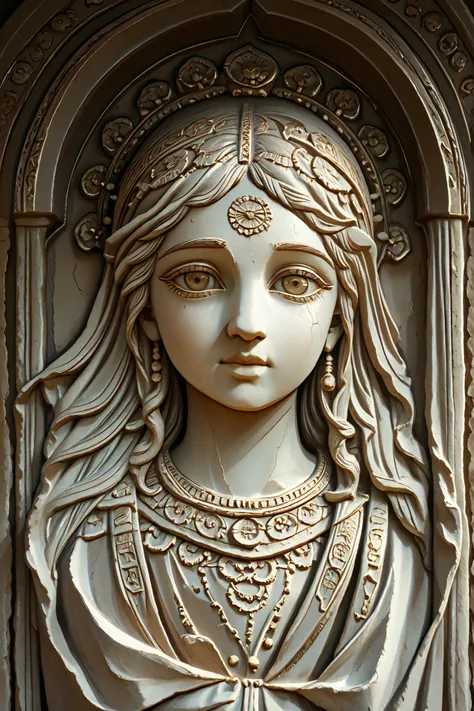 D&D style portrait, Close up of upper body and face, Islamic, a dwarf female mechanical doll with the texture of a bronze statue that has been weathered and cracked, Quiet yet graceful and noble expression,  Exquisitely engraved dwarf pattern and fine mech...