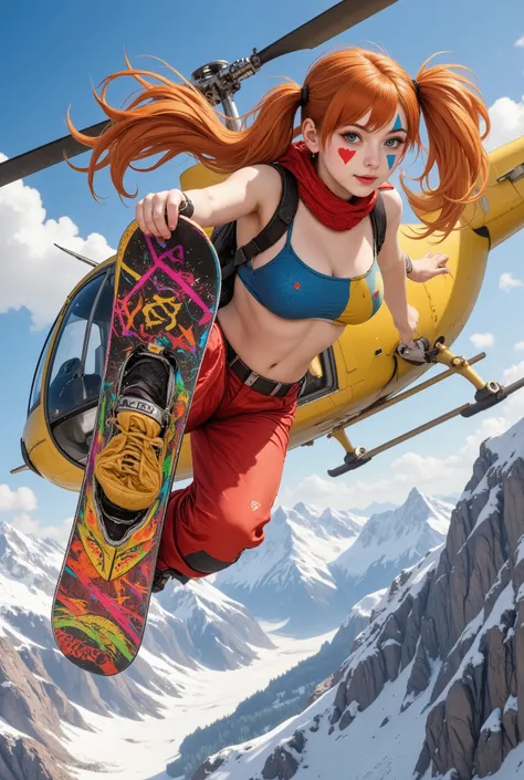 A dynamic, cinematic scene of a stylish young female snowboarder
(clown-inspired makeup with small red heart on right cheek, blue diamond on left cheek, vivid orange-red twin-tail hair),
wearing a red & blue bikini top, hip-hop style snow pants, snowboar...
