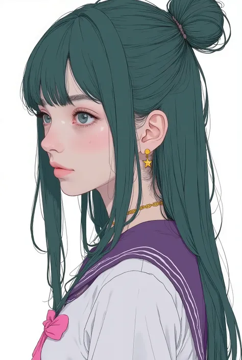 straight long hair with bun、dark green dark hair, I'm wearing a white sailor-style top with a purple collar and pink emblem, gold heart necklace , Star-shaped dangling earrings, Profile Pose, SMOOTH SKIN, Studio Lighting with Soft Shadows, bright bang fra...