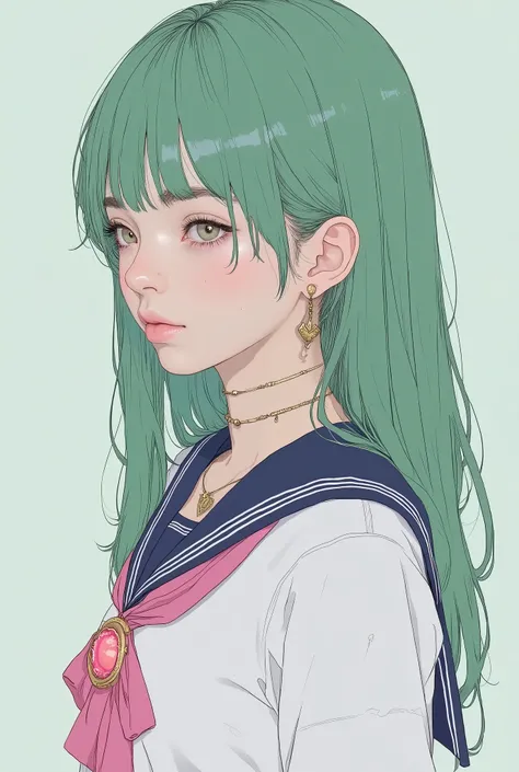 ボリュームのあるウェーブロングperm hair、perm hair、green hair, I'm wearing a white sailor style top with a navy blue collar and pink emblem, gold heart necklace , Star-shaped dangling earrings, Profile Pose, SMOOTH SKIN, Studio Lighting with Soft Shadows, bright bang fra...