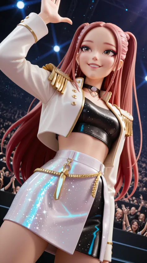  1girl, Vramsmira, long hair at Boro-Yado, makeup, Open Clothes, epaulette, k-pop, Aesthetic, easygoing, twin tails, parted lips, white jacket, black crop top, choker, skirt, sparkle, pearlescent, Milky, from below, dramatic angle, Dutch angle, cowboy shot...