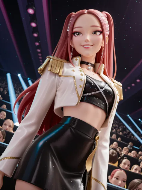  1girl, Vramsmira, long hair at Boro-Yado, makeup, Open Clothes, epaulette, k-pop, Aesthetic, easygoing, twin tails, parted lips, white jacket, black crop top, choker, skirt, sparkle, pearlescent, Milky, from below, dramatic angle, Dutch angle, cowboy shot...