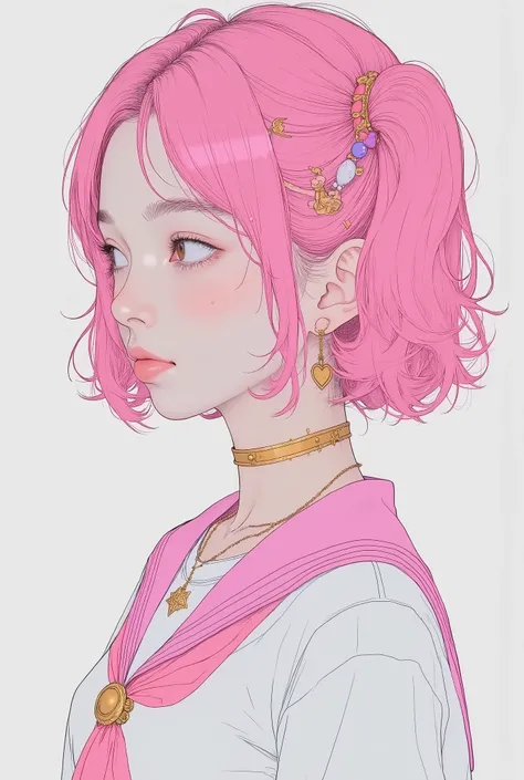 Voluminous wavy short twin tail hair、pink hair, I'm wearing a white sailor style top with a pink collar and pink emblem, gold heart necklace , Star-shaped dangling earrings, Profile Pose, SMOOTH SKIN, Studio Lighting with Soft Shadows, bright bang framing...