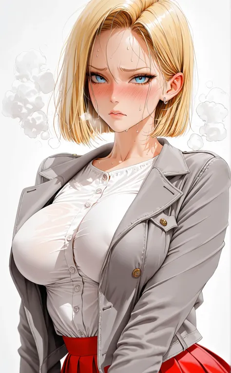(masterpiece, detailed:1.2),maorix,beautiful woman、big boobs、android 18、Android18、white blouse、 Red pleated skirt、grey jacket、fashionable、embarrassed expression、sweat、Steam、white background