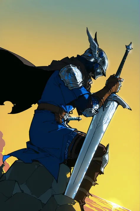 single, male, wylder (nightreign), wld, winged helmet, helm, pauldrons, shoulder armor, armor, full armor, cape, gauntlets, brown belt, weapon, greatsword, holding sword, sword planted in the ground , sitting on a rock, Sunset, complex sketch, dutch angle,