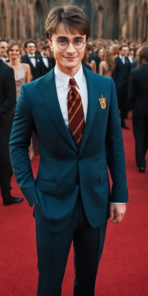 ceremony,red carpet,Glamorous Venue ,Spectators,suit,red carpetの上を歩いている,Harry Potter,Daniel ,glasses,,smiling,Stylish,beautiful,beautiful,colorful,,realistic,safe content (masterpiece, 最High Quality, High Quality, detailed background, complicated details,c...