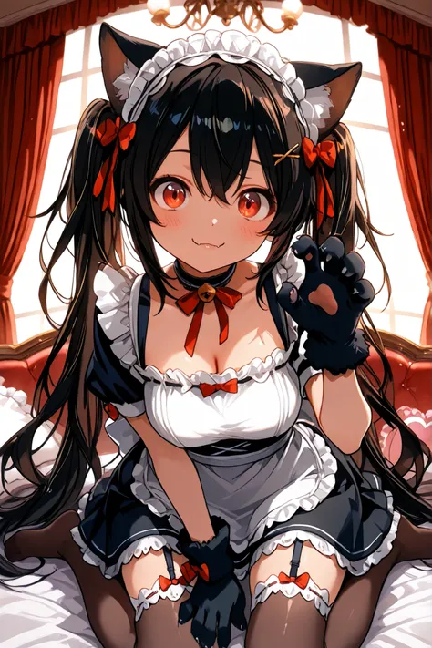 Highest Quality, masterpiece, ultimate resolution, cat ear maid, adorable expression, Sweet Gestures , Fascinated Eyes, odd-eye,Fluffy Cat Ears, fluffy glove paw, smile with small fangs, above, Moist eyes, maid clothes costume, Lots of frills, pure white ...