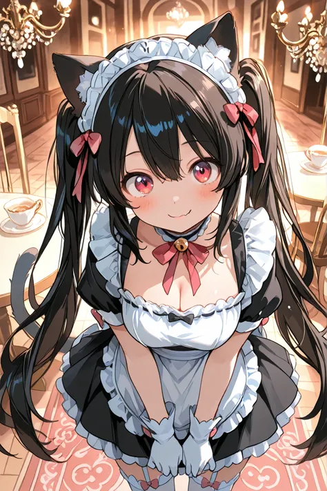 Highest Quality, masterpiece, ultimate resolution,  cat ear maid, adorable expression, Sweet Gestures , Fascinated Eyes, odd-eye,Fluffy Cat Ears, fluffy glove paw, smile with small fangs, above, Moist eyes, maid clothes costume, Lots of frills, pure white ...
