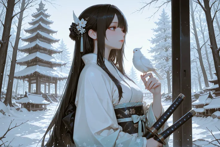 score_9, masterpiece, best quality, 8k, 1girl, elegant, japanese fantasy style, snow fairy motif, black long hair,tied at the top, simple hair ornament, big eyes,dark brown eyes,pale skin, calm and strong expression, showing side profile, dignified posture...