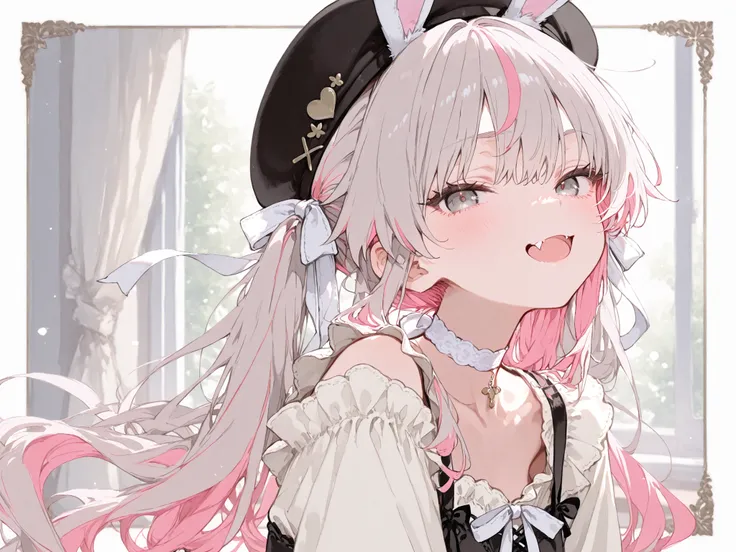 1Girl、girls、fang、pink inner color on gray hair、super long hair、gray eyes、White choker、dynamic composition、Bunny ears、white big ribbon、black beret、casual clothes、roomwear