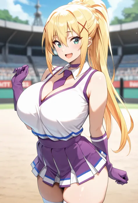 (best quality, masterpiece, ultra detailed, high resolution), Beautiful , score_9, anime style, Masterpiece, best quality, Darkness(Konosuba), blonde hair, tall, blue-green eyes, braid, hair between eyes, high ponytail, long hair, sidelocks,red ornament x ...