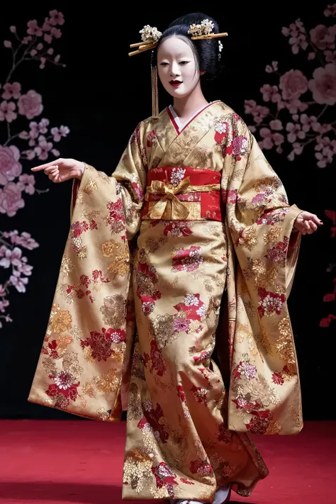 from high angle,face forcus,dynamic angle,dynamic pose,womanhood、A formal kimono style dress、womanhood的な、Model Walk、Gold and red pattern on a black background、lavish decoration、A noble and relaxed look、Confident Appearance、(wearing noh mask、beautiful décol...